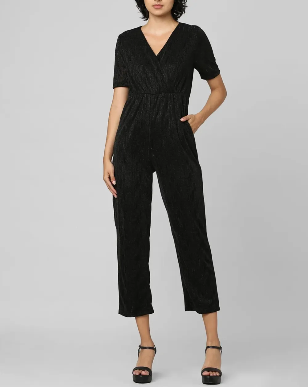 Black Wrapover Shimmer Jumpsuit