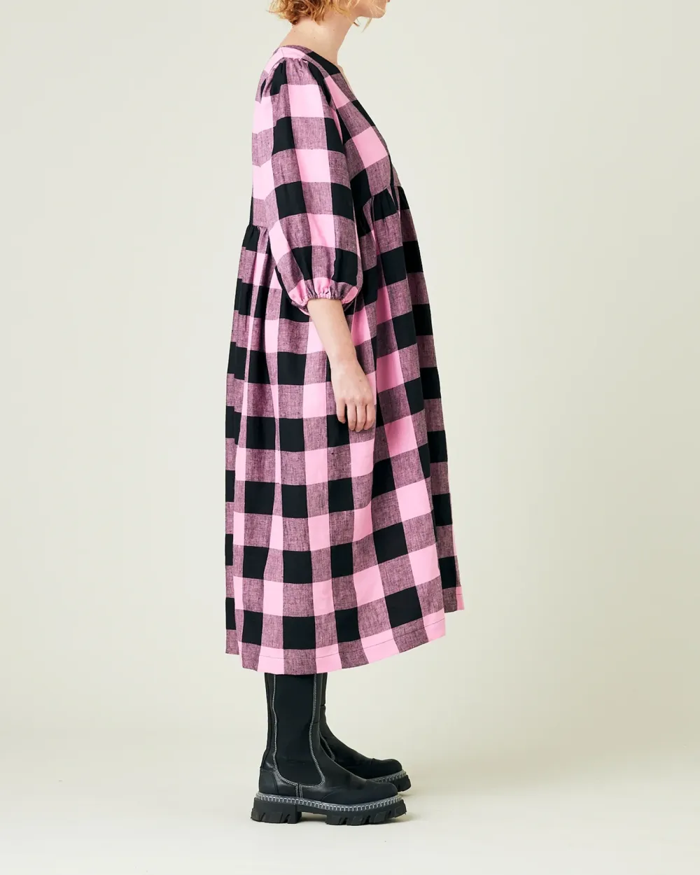 ABBIE PINK & BLACK MEGA CHECK LINEN DRESS