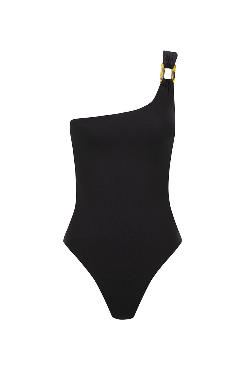 Black one-piece swimsuit with slant neck