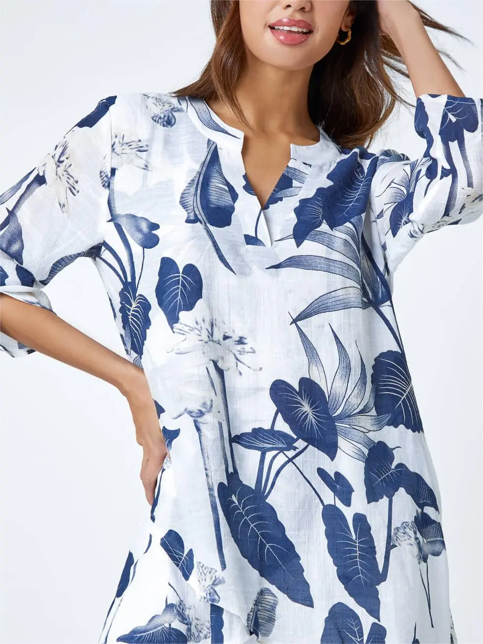 Navy Palm Print V-Neck Wrap Hem Tunic Top