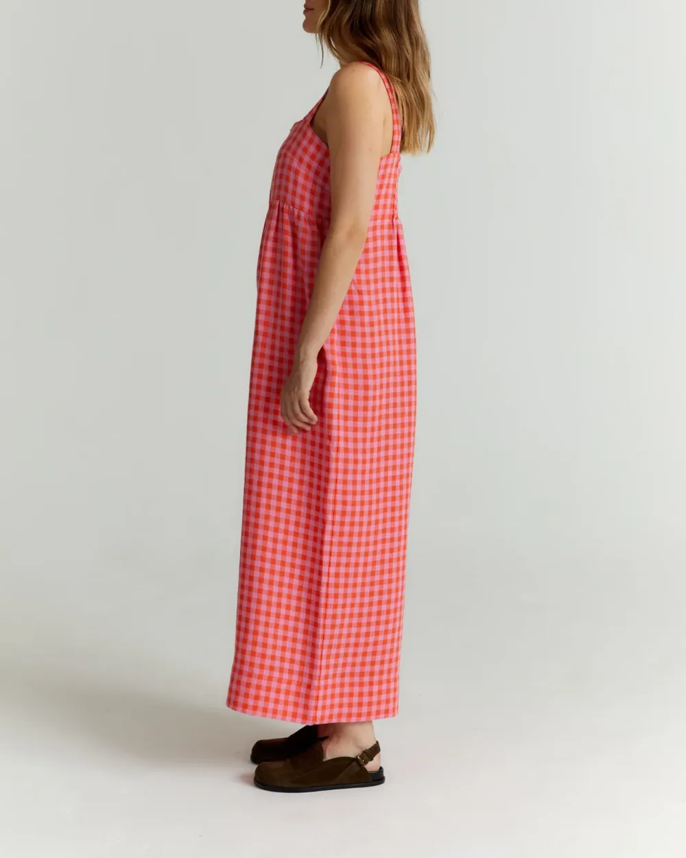 CARI TOMATO & PINK CHECK LINEN JUMPSUIT