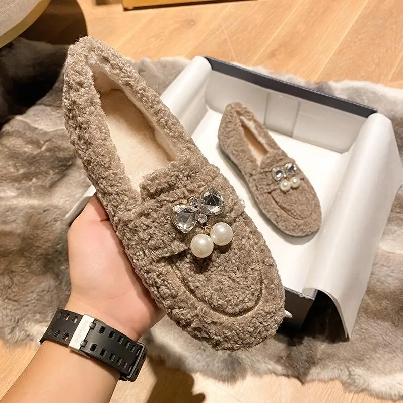 Furry Outer Wearing Flats Loafers Belt Bright diamond Bowknot Backless  Wild Fluffy Flat Mules Warm