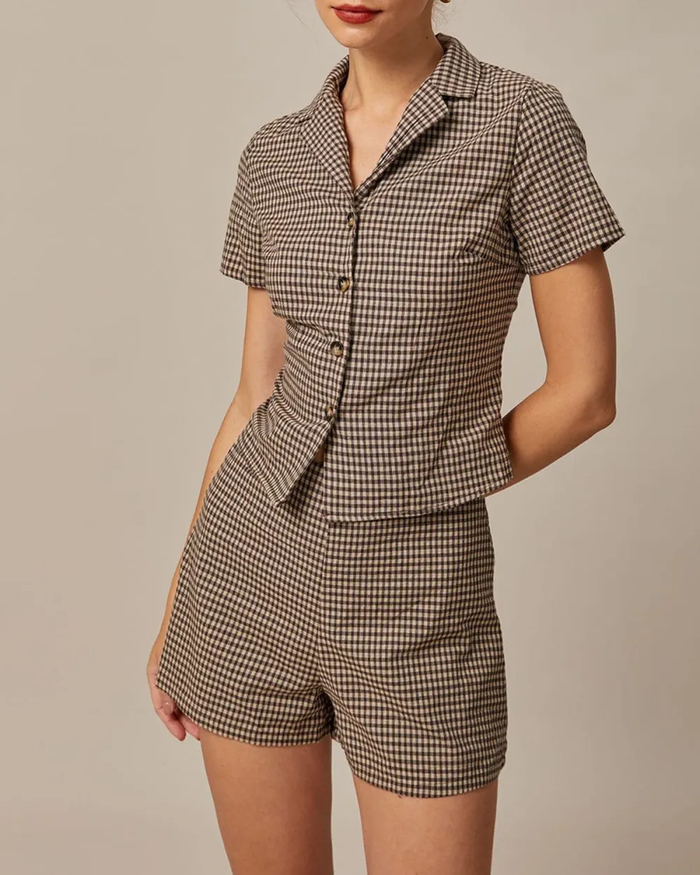 The Brown Lapel Plaid Short Sleeve Blouse