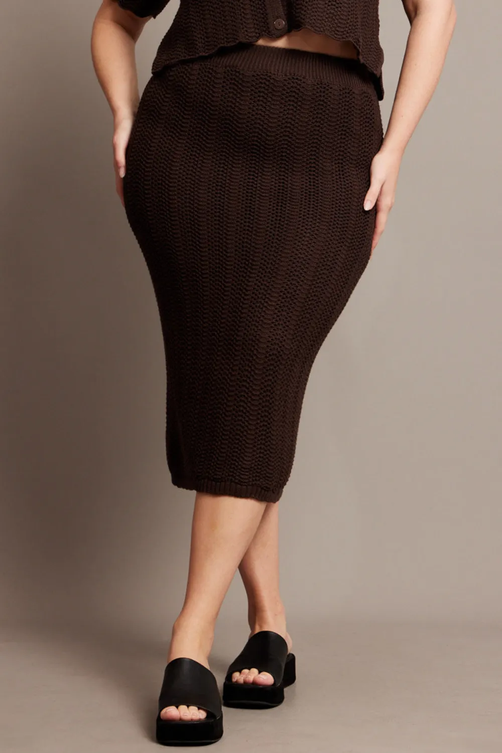 Brown Crochet Look Knit Skirt