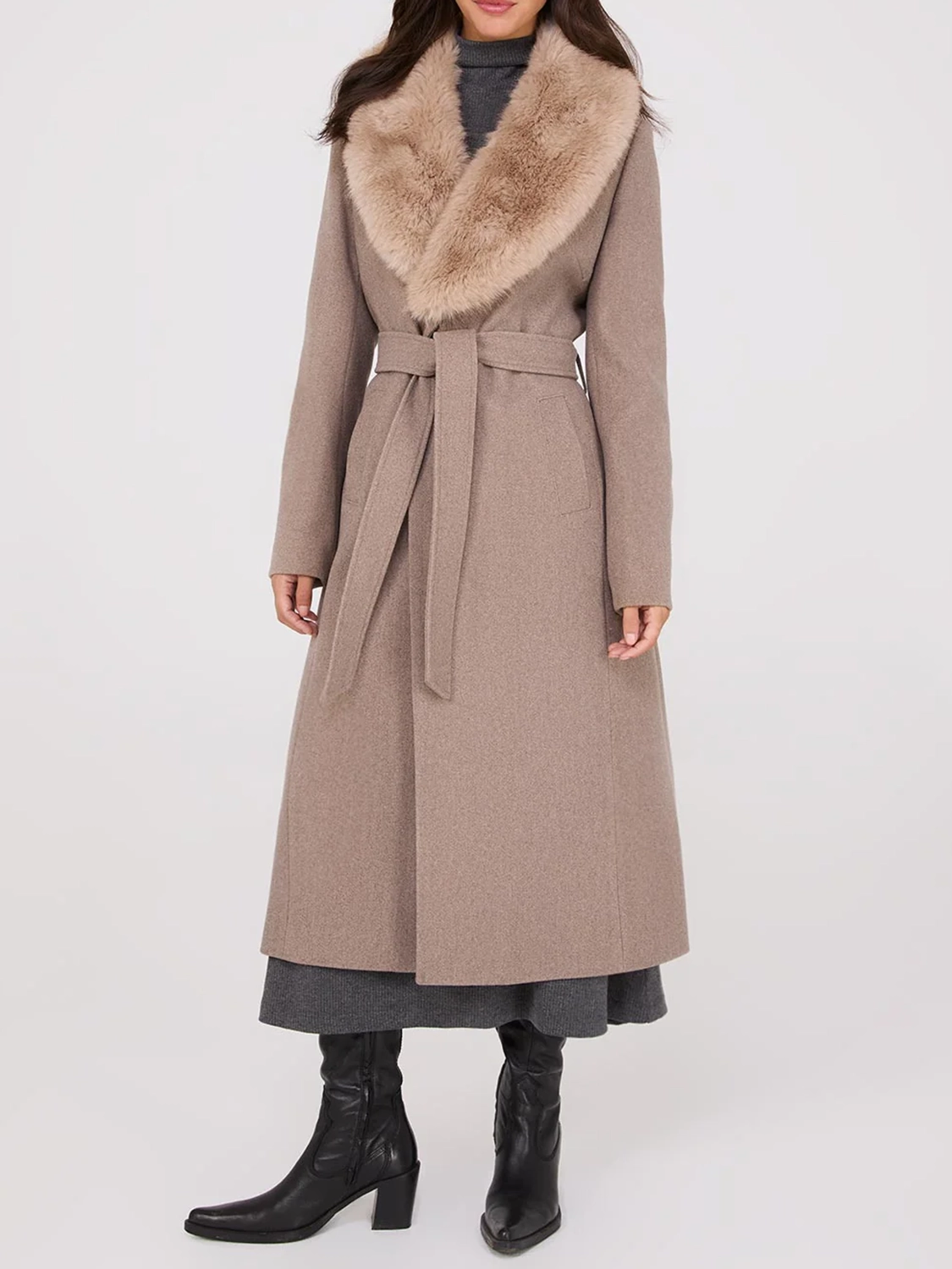 Long Wrap Coat With Faux Fur Collar