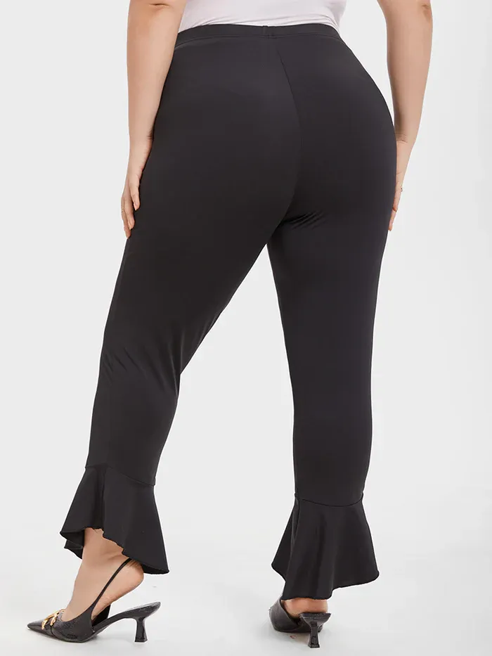 Solid Elastic Waist Flare Leg Pants