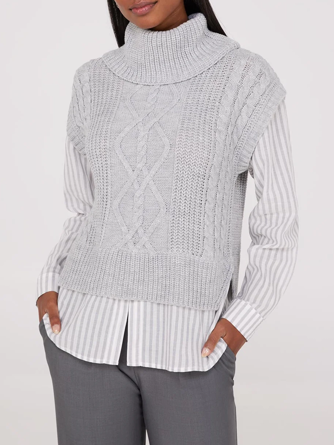 2-Fer Cable Knit Vest With Striped Blouse