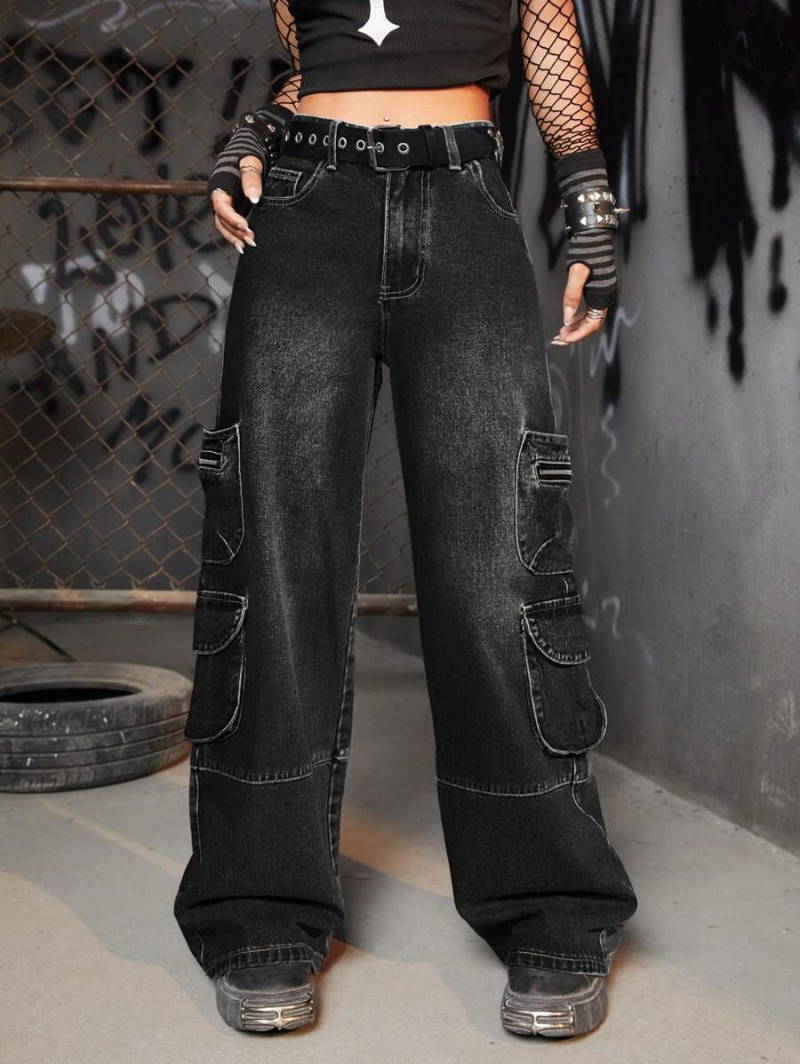 Grunge Punk Flap Pocket Side Cargo Pants Without Belt