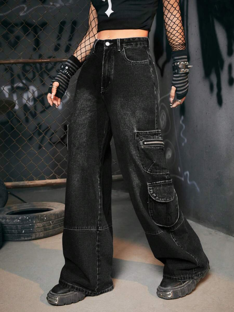 Grunge Punk Flap Pocket Side Cargo Pants Without Belt