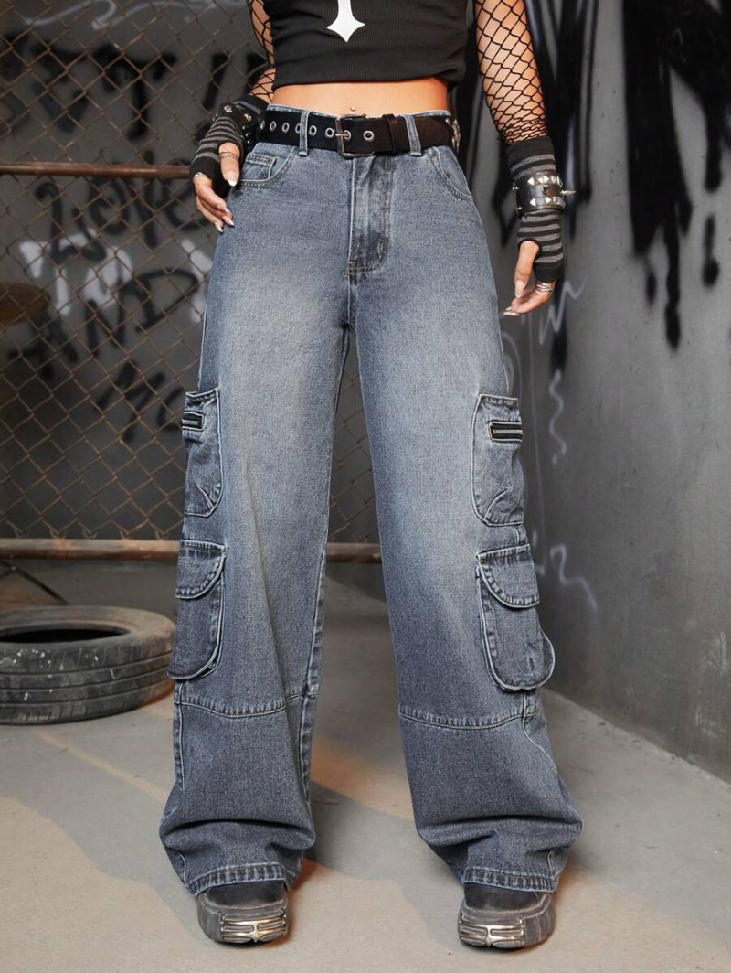 Grunge Punk Flap Pocket Side Cargo Pants Without Belt