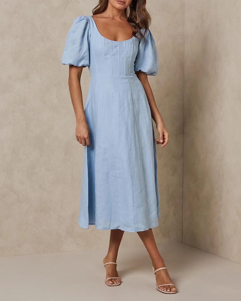 Linen Puff Sleeve Classic Midi Dress