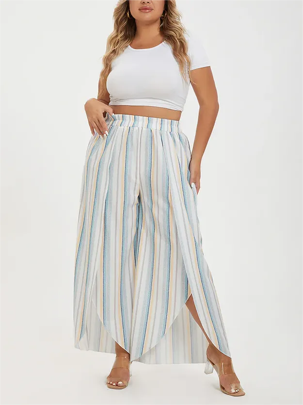 Plus Colorblock Striped Tulip Hem Elastic Waist Wide Leg Pants