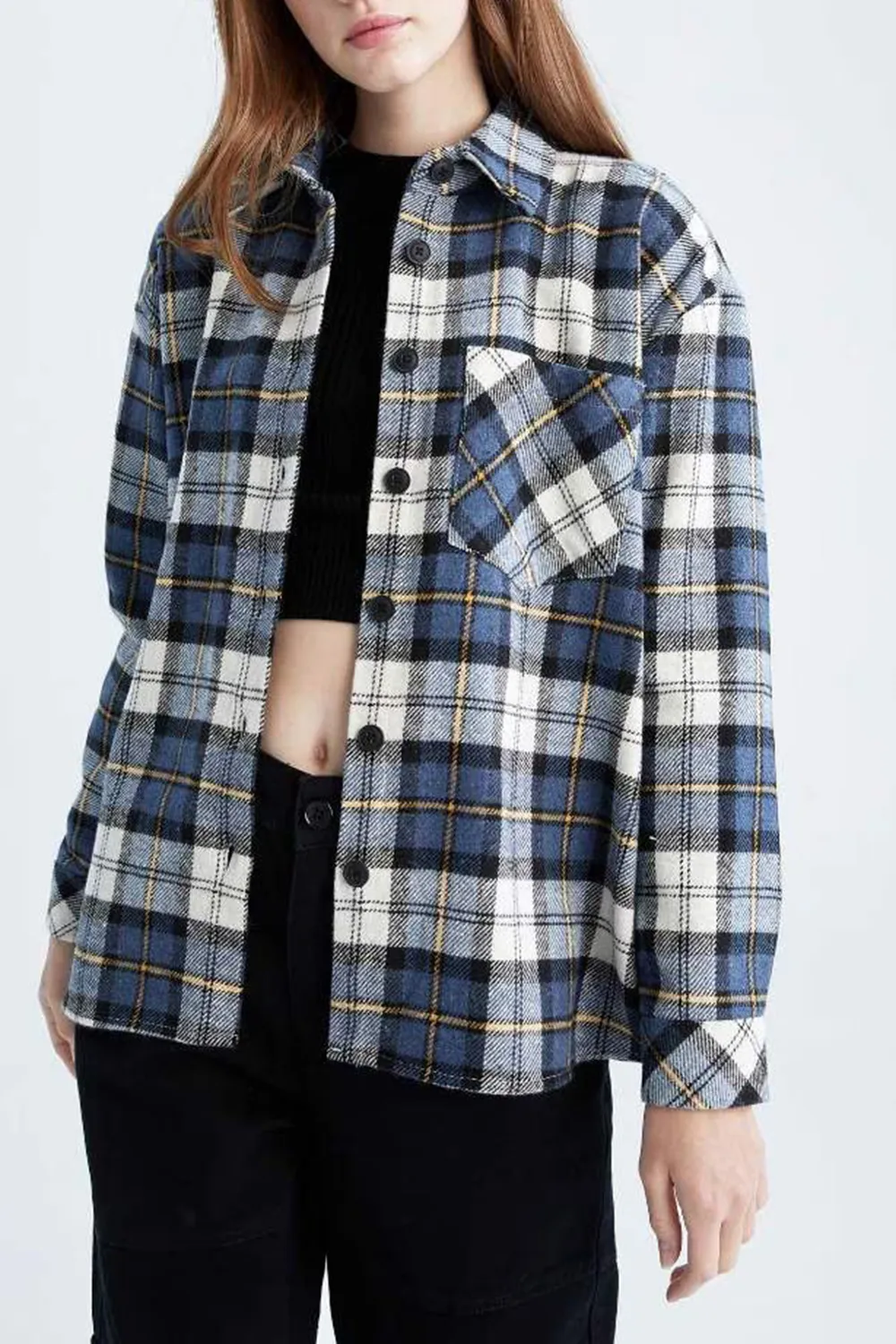 Oversize Fit Shirt Collar Flanel Long Sleeve Shirt