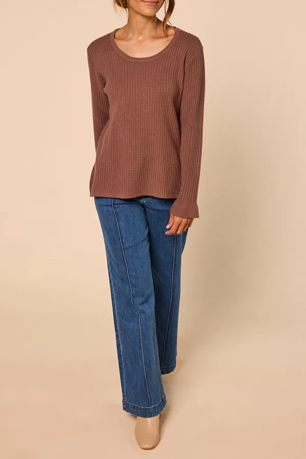 Long Sleeve Knitted Top In Cacao