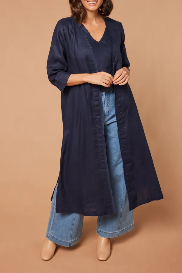 Long Line Fringed Linen Duster Jacket In Navy