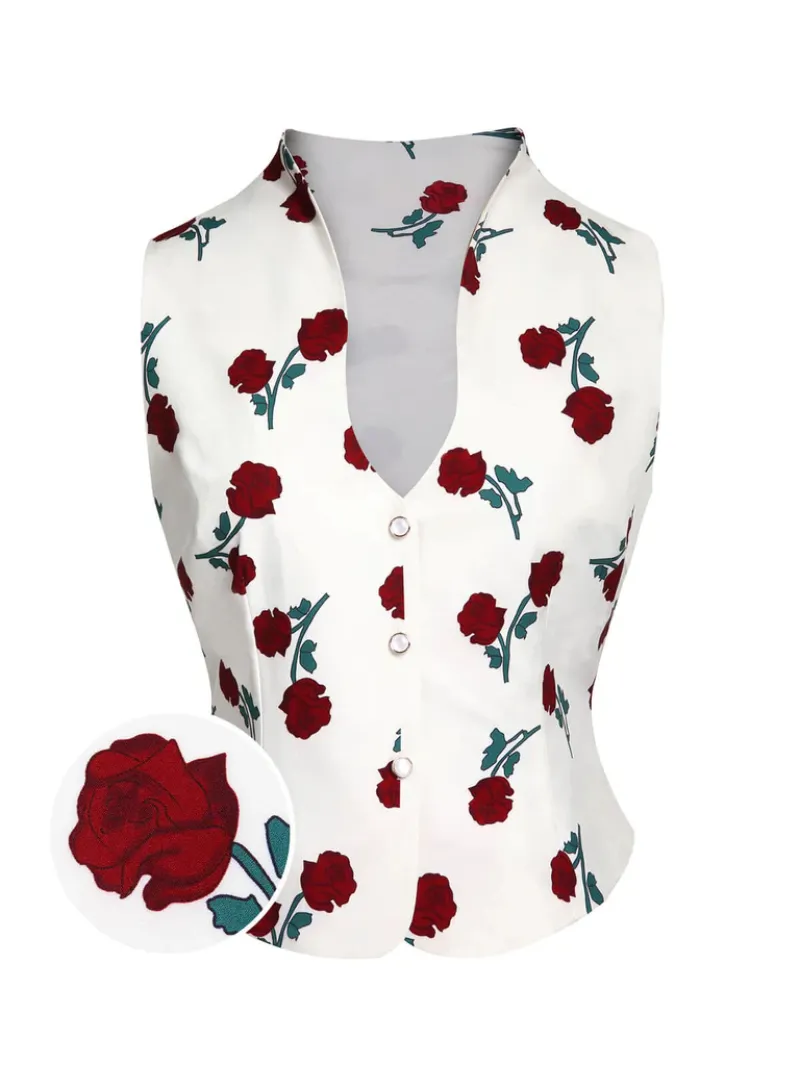 WHITE 1950S ROSES VINTAGE SLEEVELESS TOP