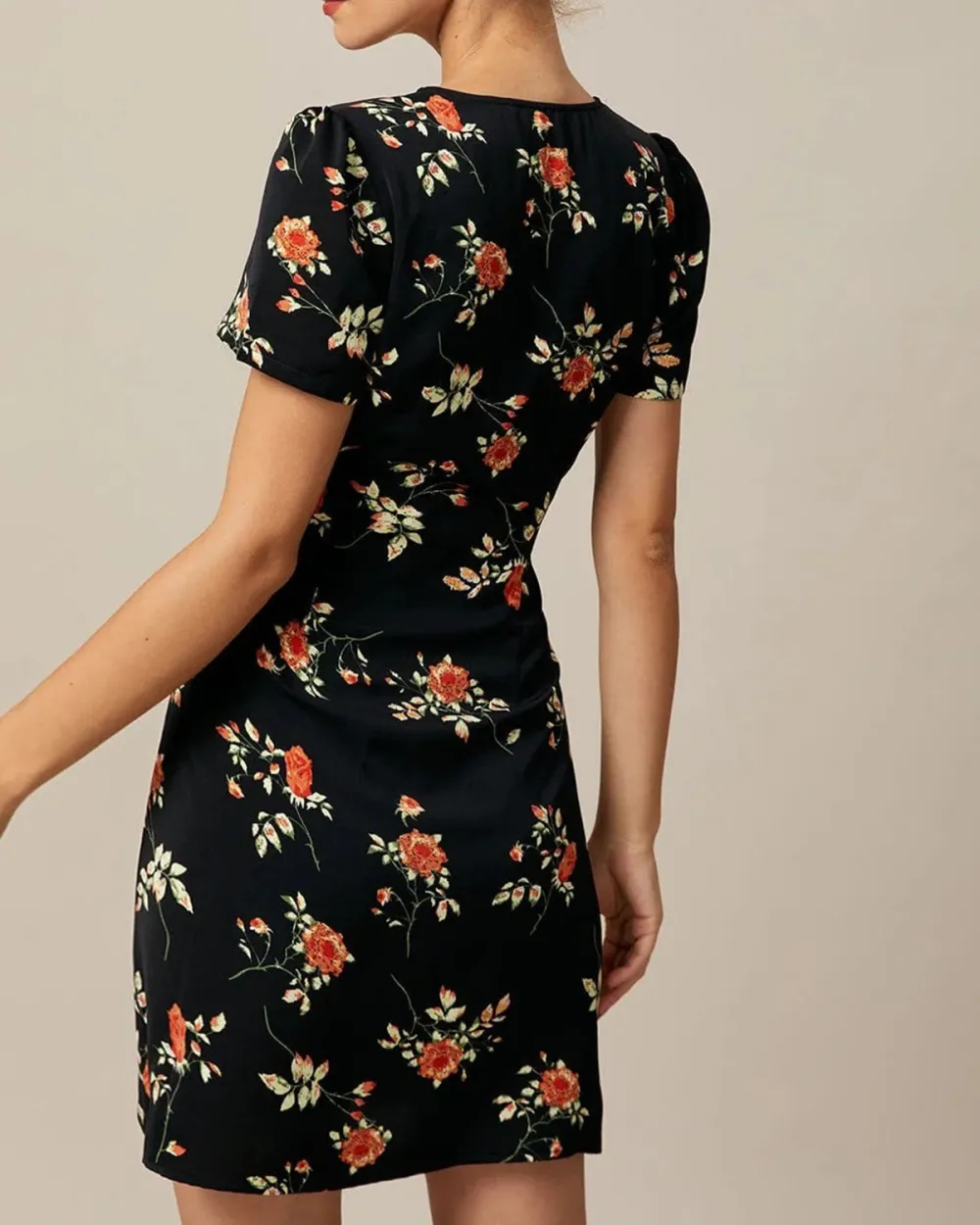 V-neck black floral print dress