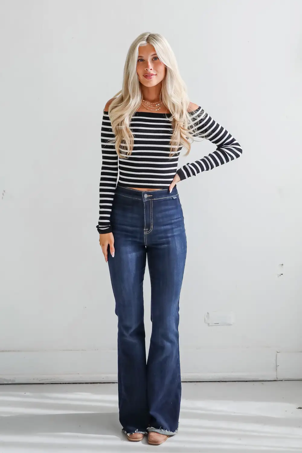 Desirable Aesthetic Black Striped Off-The-Shoulder Ribbed Top