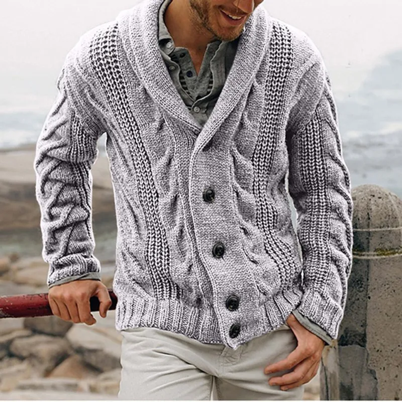 Autumn and winter new men's cardigan spell color long sleeve lapel knit sweater male