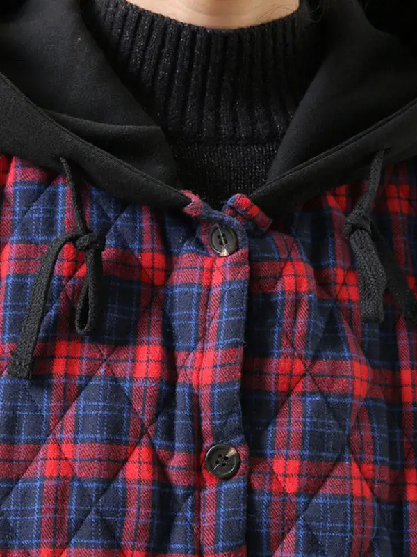 Vintage Loose Plaid Quilted Hooded Padded Coat