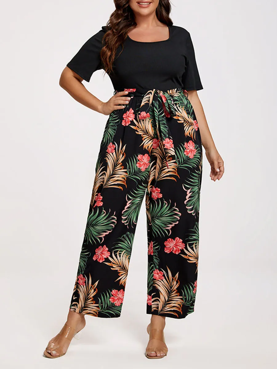 Plus Tropical Print Square Neck Belted Jumpsuit