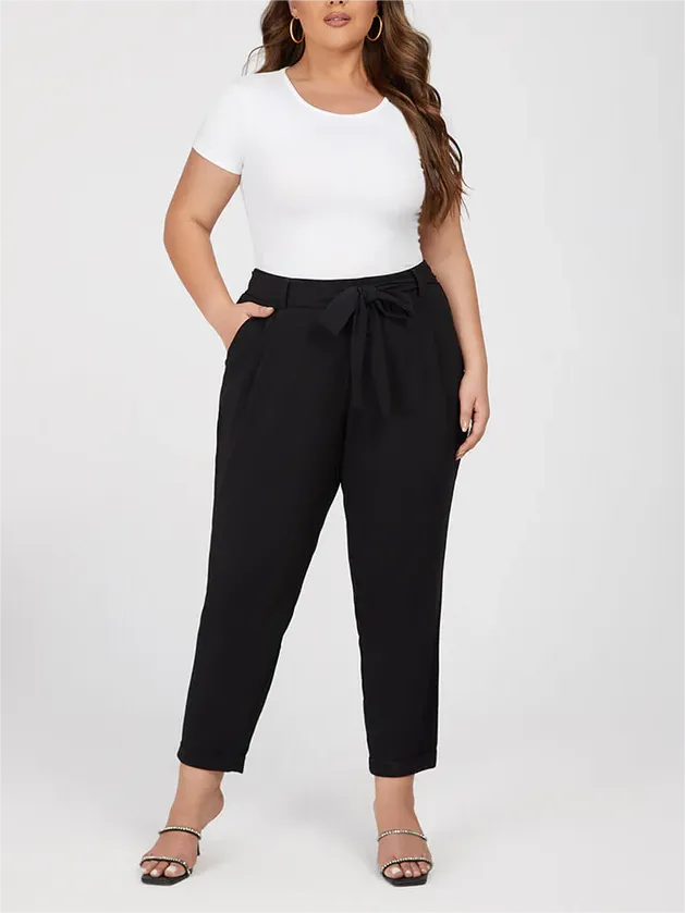 Plus Black Solid Tie Elastic Waist Pants