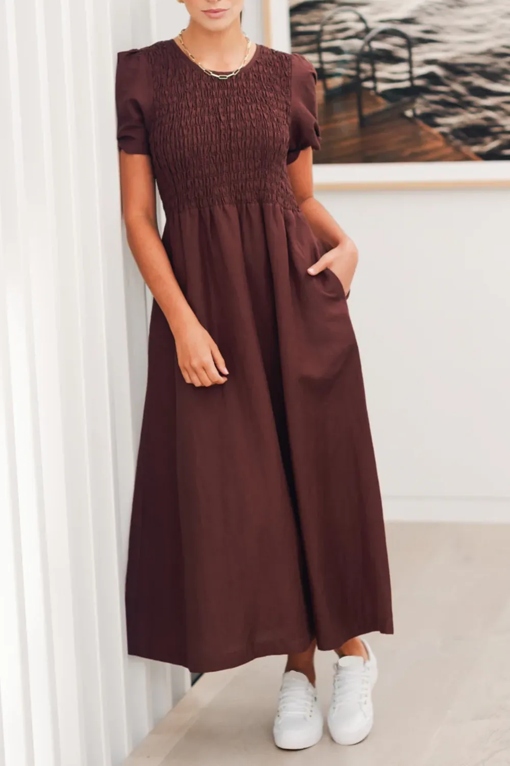 Wren Chocolate Linen Blend SS Shirred Bodice Midi Dress