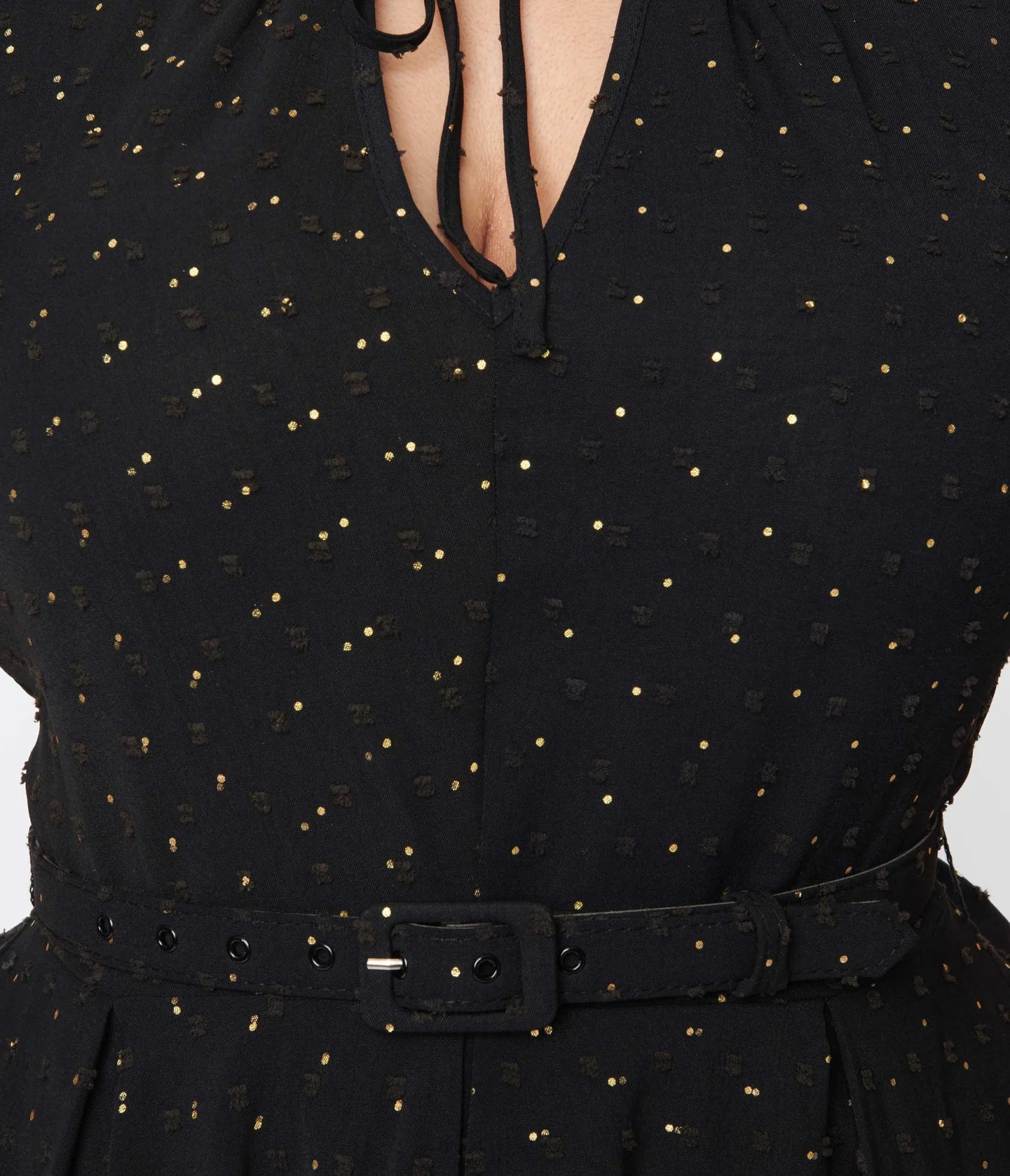 Unique Vintage Black & Gold Clip Dot Dahlia Swing Dress