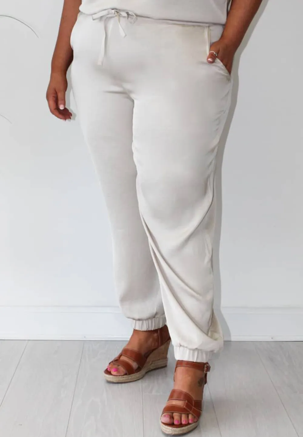 Cream Satin Jogger Style Trouser