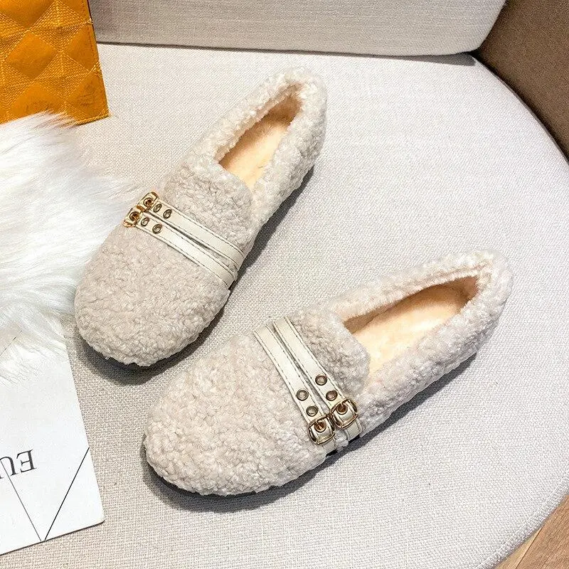 Furry Outer Wearing Flats Loafers Belt Buckle Decor Backless  Wild Fluffy Flat Mules Warm