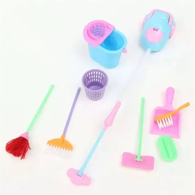 Free Shipping 9pcs/set Mini Cleaning Set Doll House Decoration Home Furniture Furnishing Cleaning Cleaner Kit For Doll House