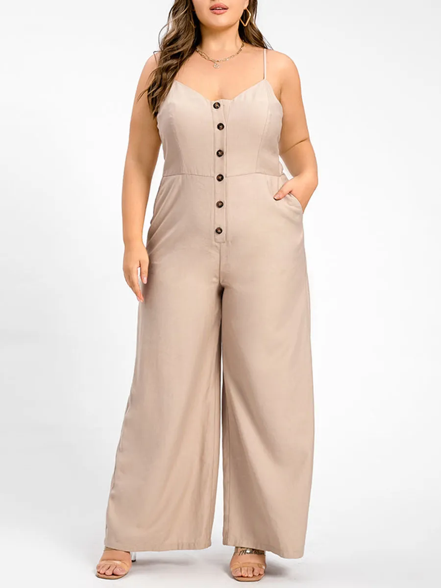 Plus V-Neck Button Pocket Cami Jumpsuit