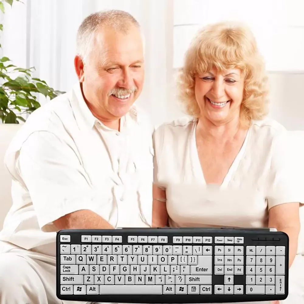 107 Key USB Wired Big Print White Key Black Letter Keyboard for Elder Old People Designed for People With Visual Impairment