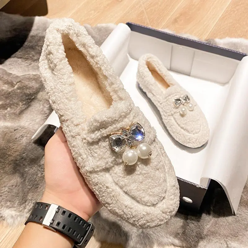 Furry Outer Wearing Flats Loafers Belt Bright diamond Bowknot Backless  Wild Fluffy Flat Mules Warm