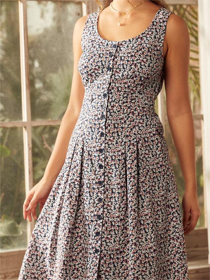 Floral Printed Button Down Sleeveless Dresses