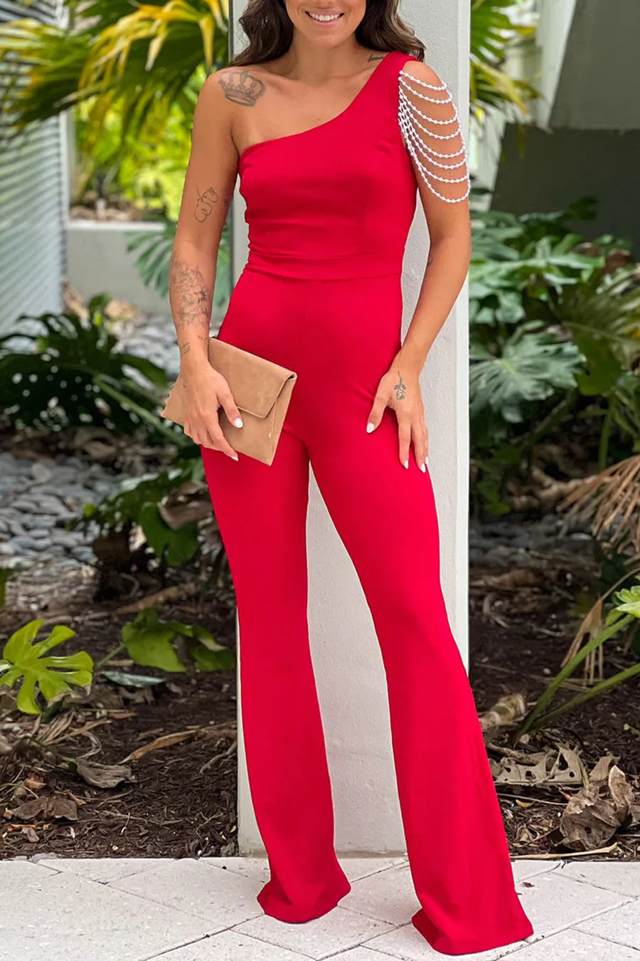 Red One Shoulder Jumpsuit With Faux Pearl Detail