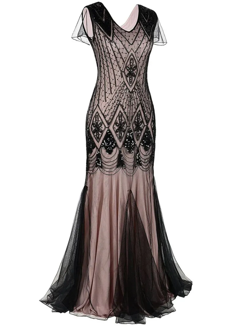 PINK 1920S CAP SLEEVE SEQUIN EVENING DRESS