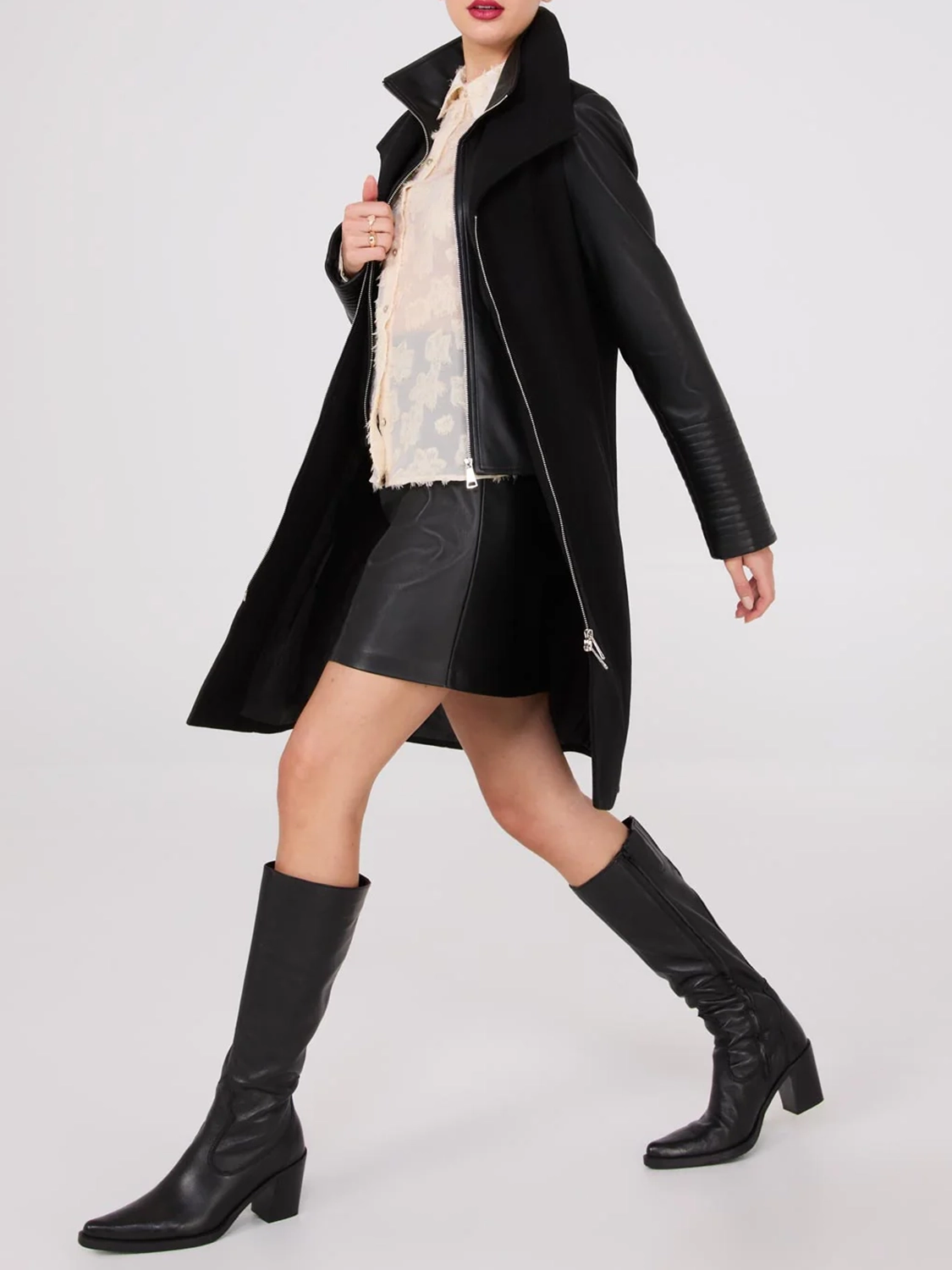 Mid-Length Coat With Faux Leather Details