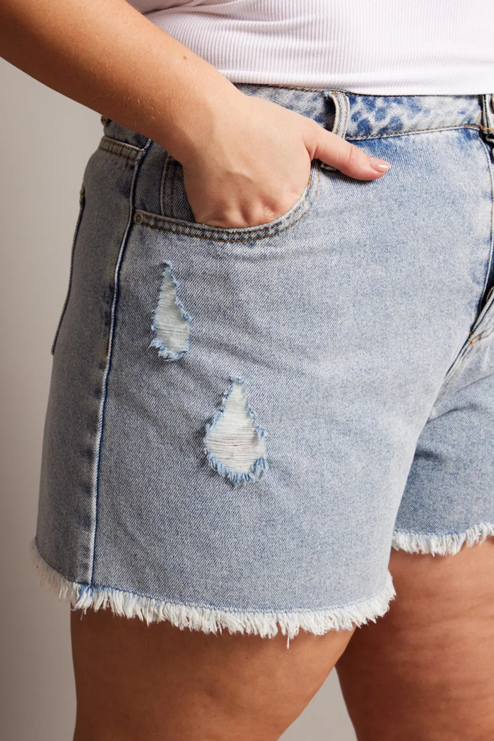 Denim Relaxed Shorts High Rise Distressed Hem