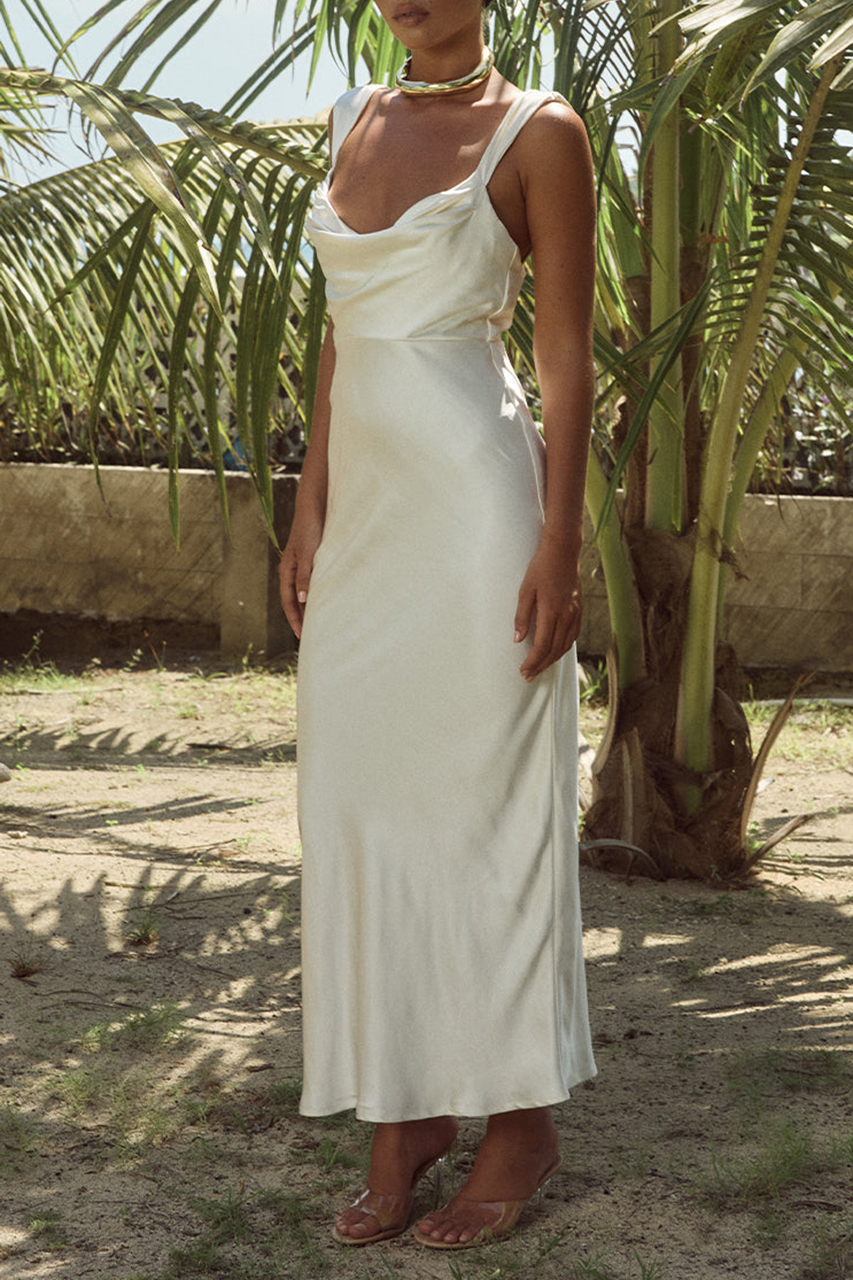 White silky fabric gown midi dress