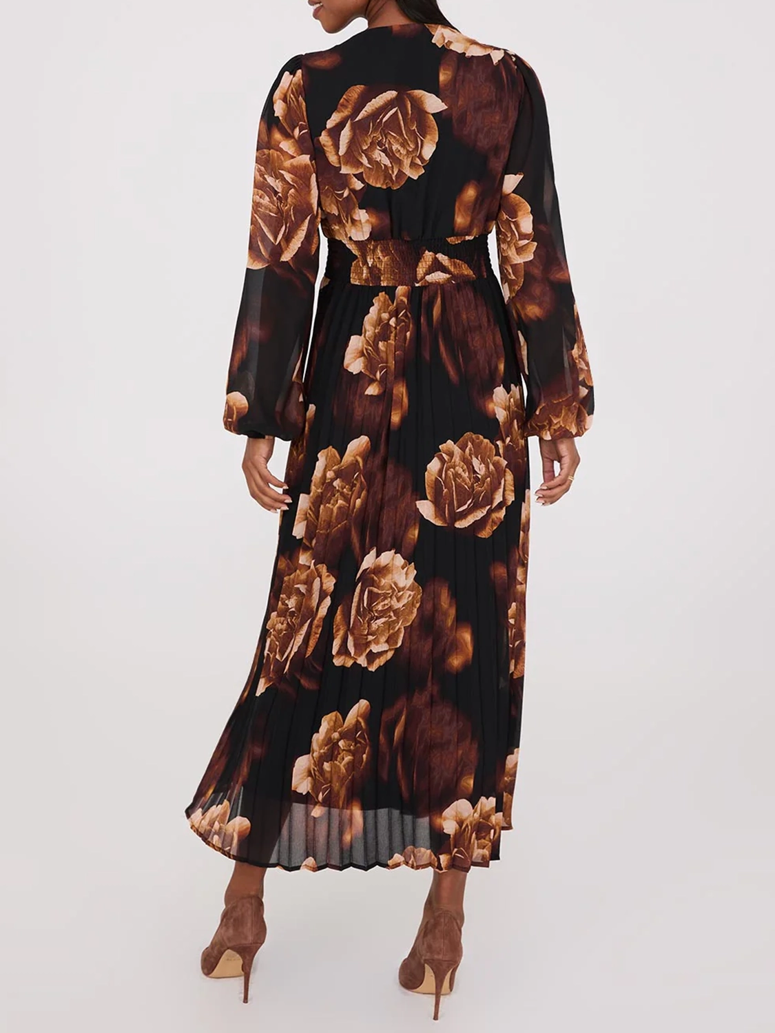 Floral Print V-Neck Pleated Maxi Dress