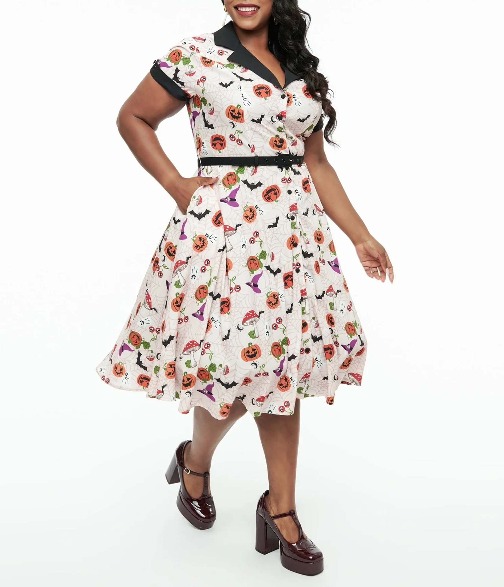 Unique Vintage Plus Size 1950s Pink Halloween Print Alexis Swing Dress