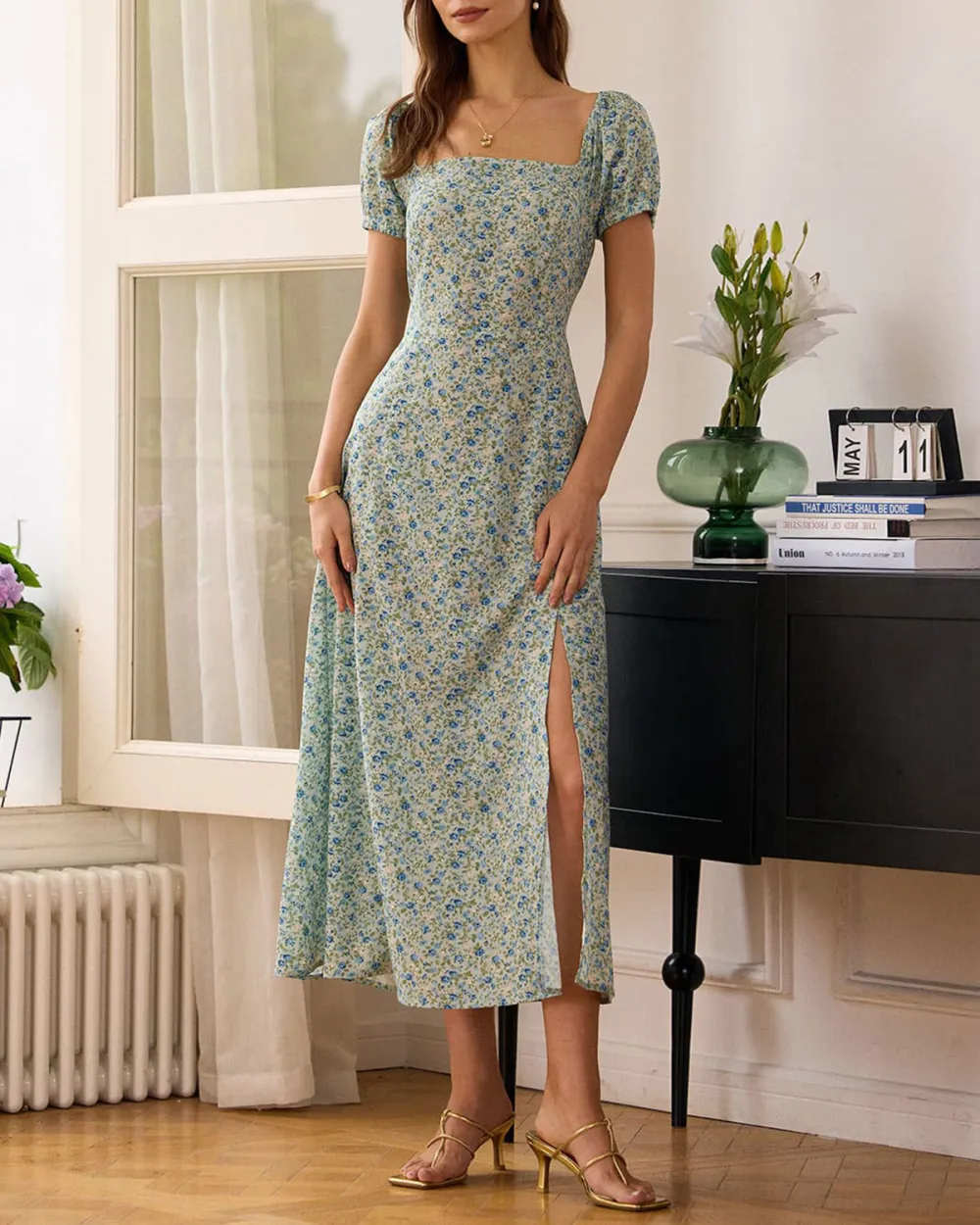 Long square neck floral dress