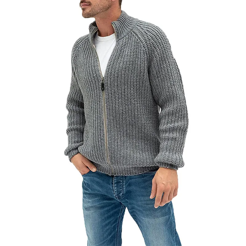 Men's fall and winter sweater cardigan solid color zipper turtleneck thick knit coat woolen sweater