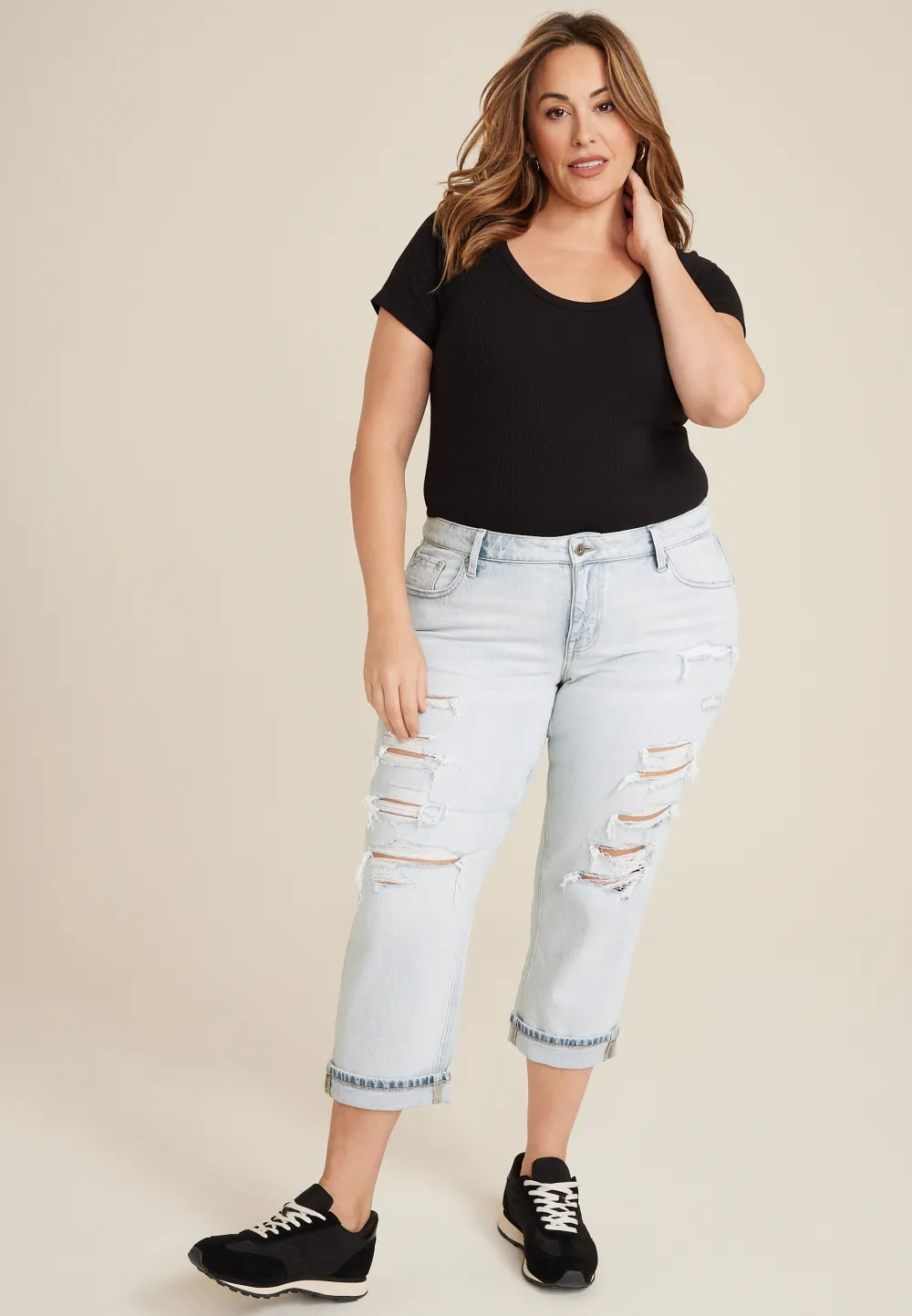 Plus Size edgely™ Mid Rise Light Ripped Relaxed Boyfriend Crop Jean