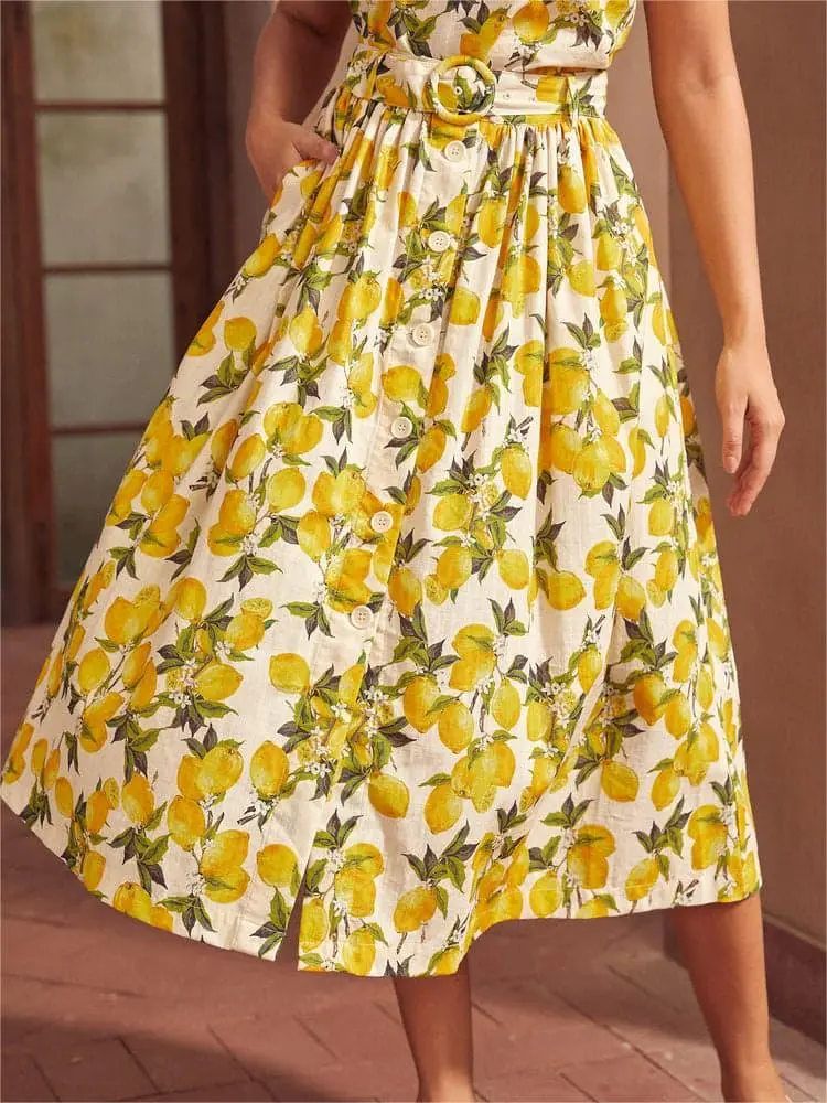 Lemon Printed Pleated Flared Skirts