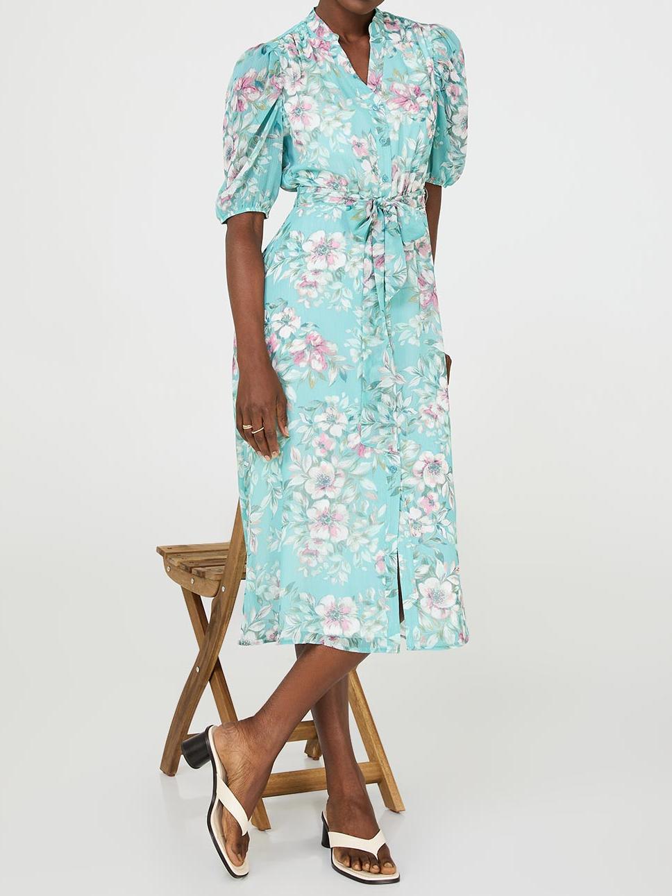 Floral Print Split Neck Dress With Balloon Sleeves