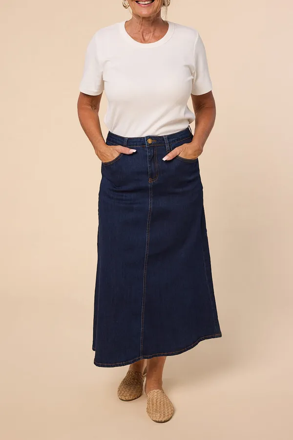 Adrift Denim A-Line Skirt in Dark Wash