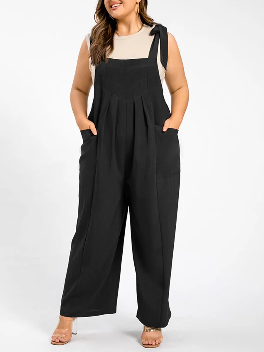 Plus Black Tie Shoulder Pocket Ruched Cami Jumpsuit