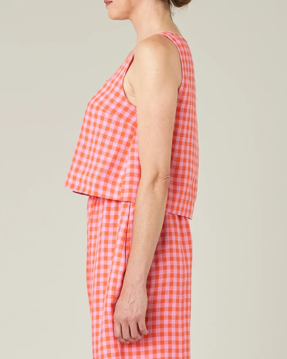 BETTY TOMATO & PINK CHECK LINEN TOP